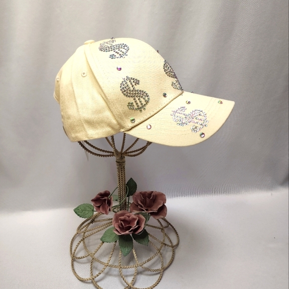Aroura Borealis Rhinestone Dollar Sign Beige Baseball Cap - Picture 9 of 14